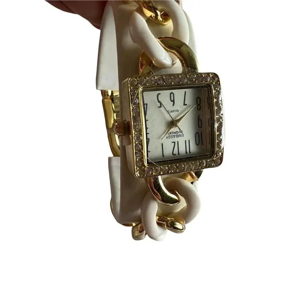 Embassy by Gruen Women's Watch Gold White Chain Link Cuff Rhinestone Square NIB